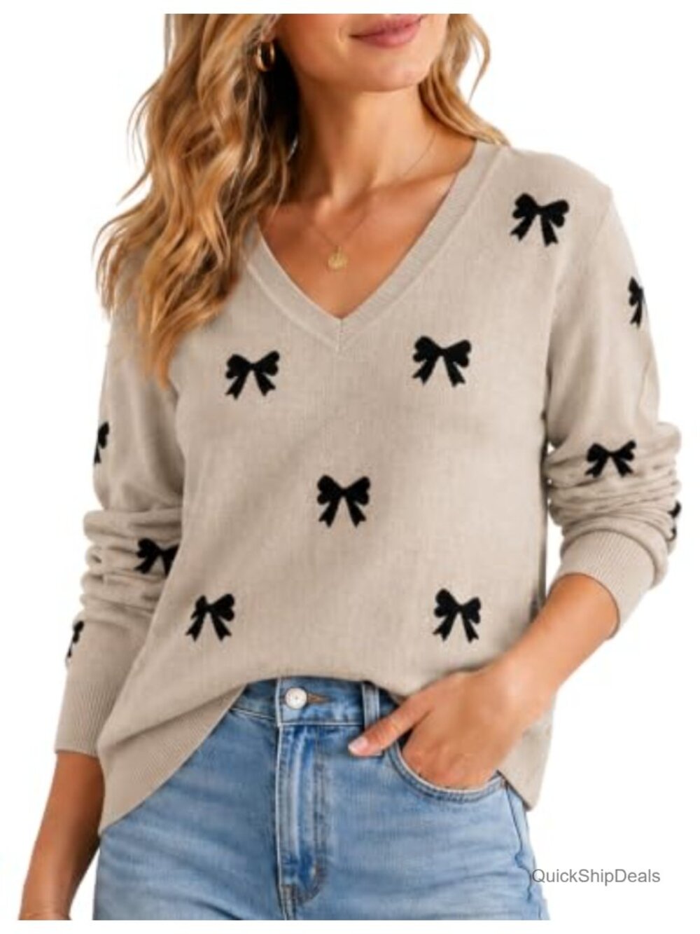 Womens V Neck Lightweight Knit Sweater Pullover Long Sleeve Top
